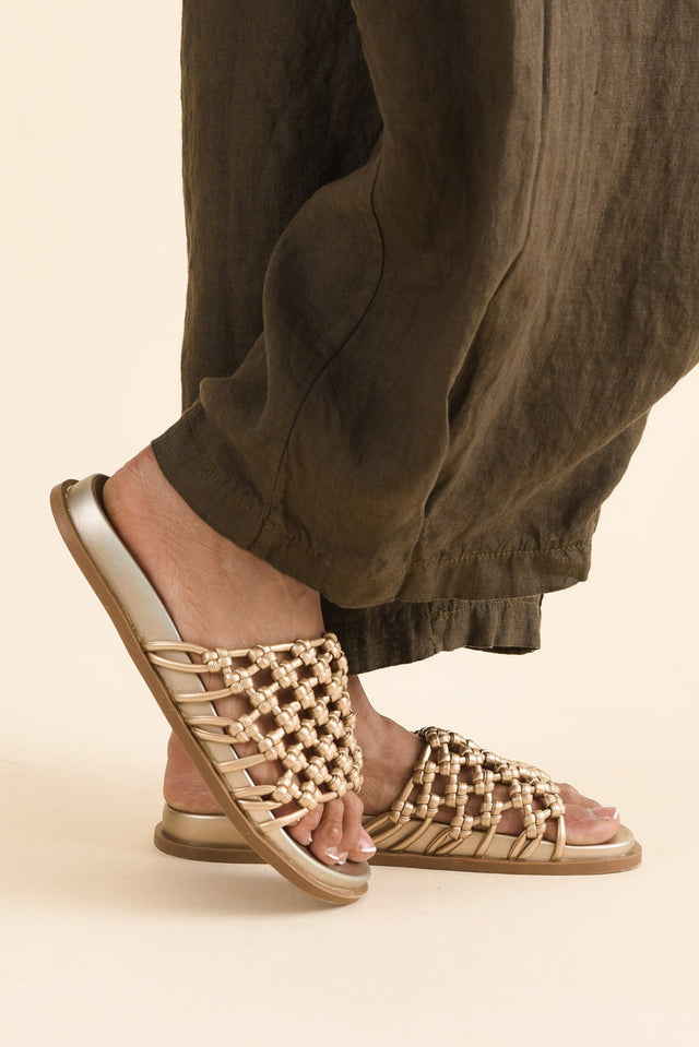 Zara Gold Woven Slide,Front,Brunette model