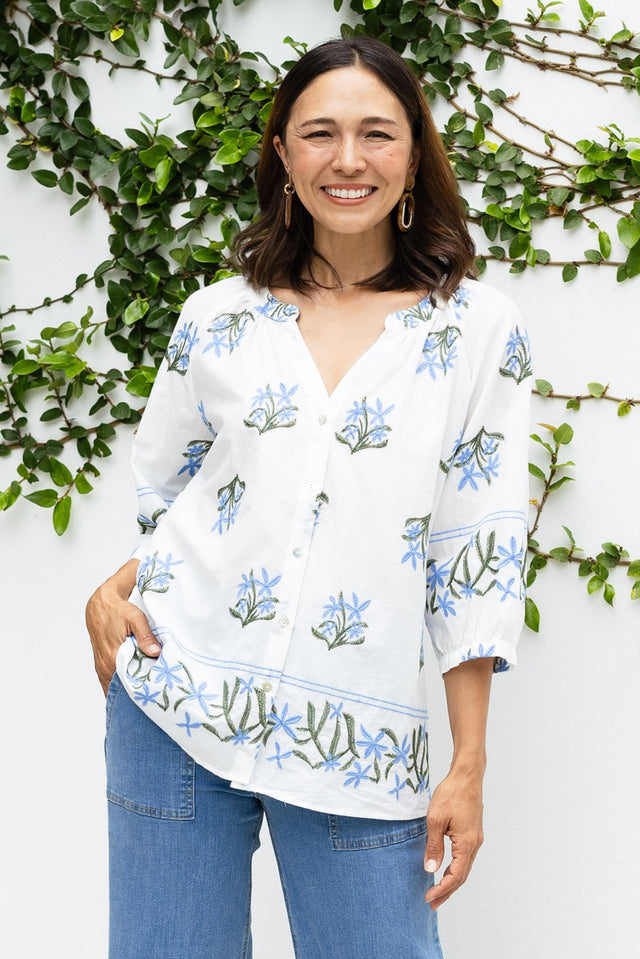 Pandora White Floral Embroidered Cotton Top,Lifestyle