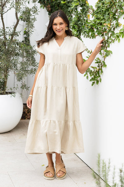 Yvette Natural Contrast Linen Blend Dress