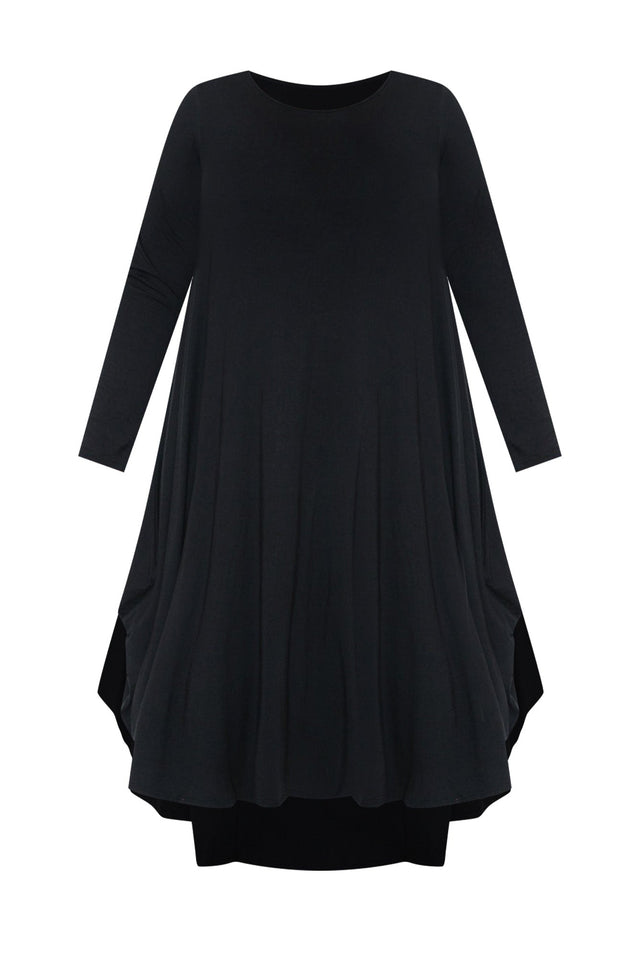 Black Long Sleeved Micro Modal Drape Dress,ghost-mani image 8