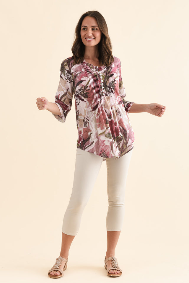 Angelo Taupe Floral Cotton Button Top,Full Body,Brunette model,alt text|model:MJ image 2