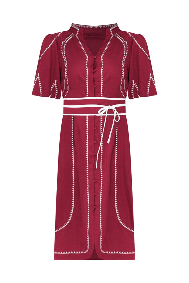 Carlyle Crimson Embroidered Linen Blend Dress,ghost-mani image 3