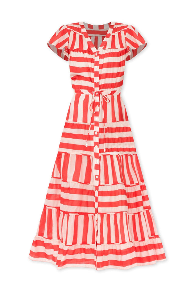 Delilah Red Stripe Cotton Tiered Dress,ghost-mani image 3