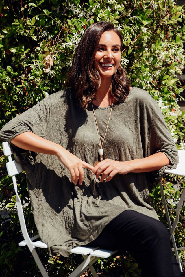 Agnes Khaki Crinkle Cotton Hi Lo Top