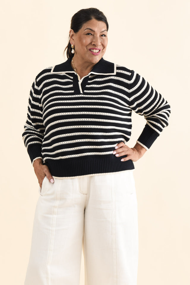 Aberdeen Navy Stripe Cotton Knit Jumper,Brunette model,alt text|model:Pilita image 10