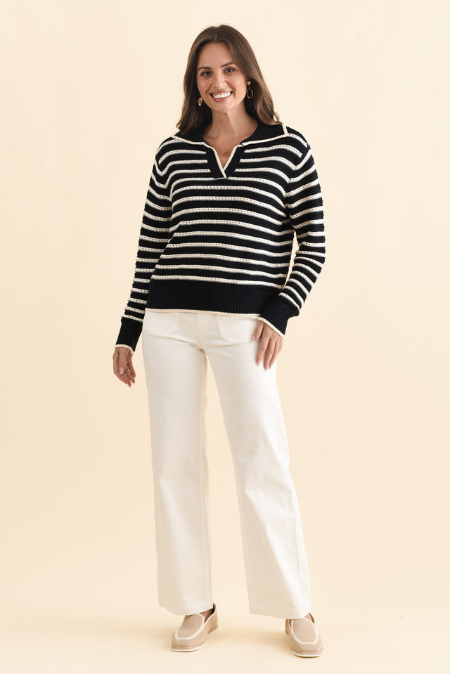 Aberdeen Navy Stripe Cotton Knit Jumper,Brunette model,alt text|model:MJ image 8