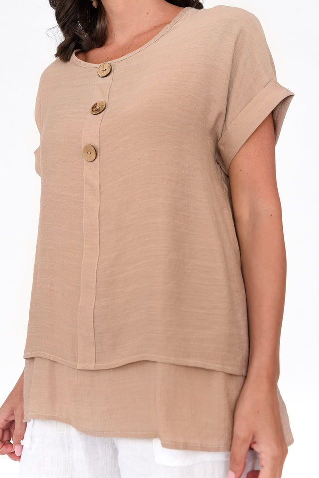 Abilene Beige Cotton Blend Button Top