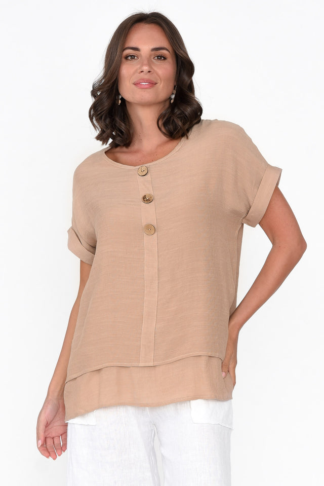Abilene Beige Cotton Blend Button Top neckline_Round