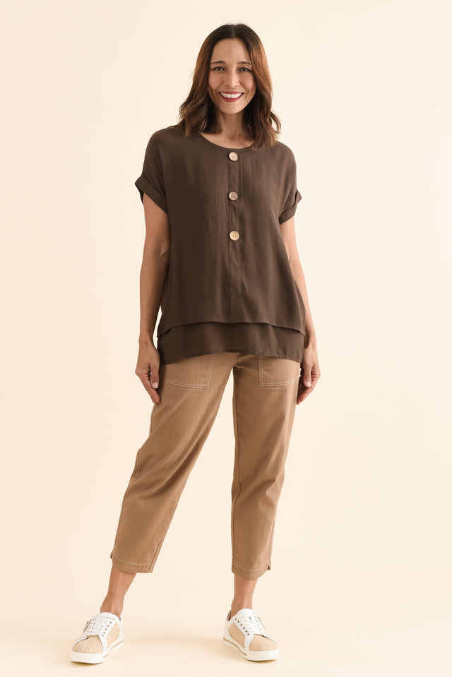 Abilene Chocolate Button Top,Full Body,Brunette model,alt text|model:Cara image 2
