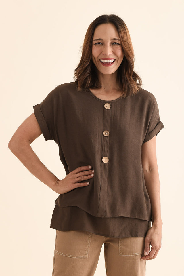 Abilene Chocolate Button Top,Front,Brunette model,alt text|model:Cara image 1
