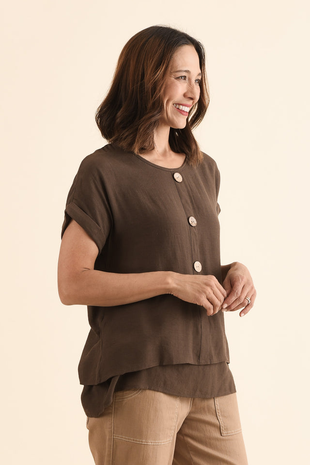 Abilene Chocolate Button Top,Side,Brunette model,alt text|model:Cara image 3