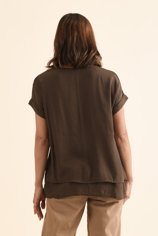Abilene Chocolate Button Top,Back,Brunette model,alt text|model:Cara image 4