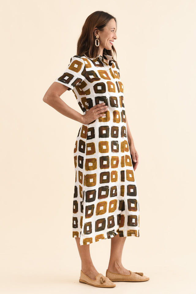 Abraham Orange Tile Linen Dress,Side,Brunette model,alt text|model:Cara image 3