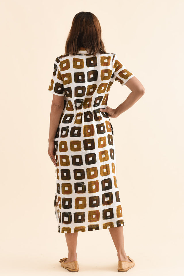 Abraham Orange Tile Linen Dress,Back,Brunette model,alt text|model:Cara image 4
