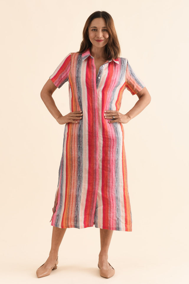 Abraham Red Stripe Linen Shirt Dress,Full Body,Brunette model,alt text|model:Cara image 2