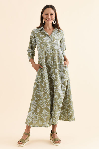 Acala Khaki Cotton Embroidered Dress