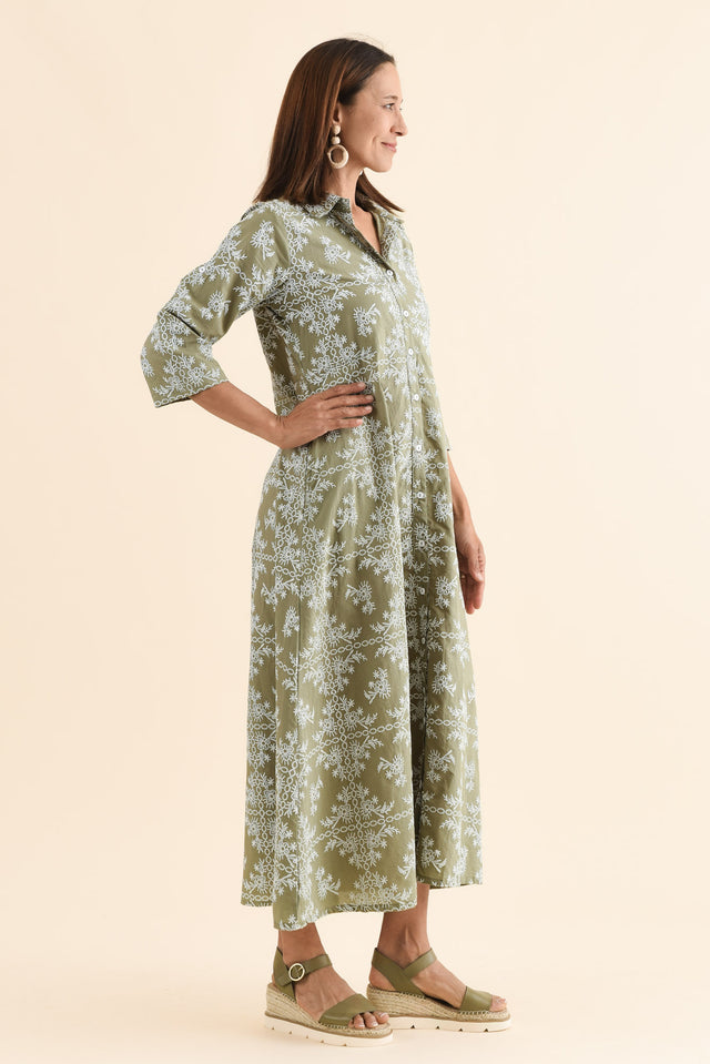 Acala Khaki Cotton Embroidered Dress,Side,Brunette model,alt text|model:Cara image 3