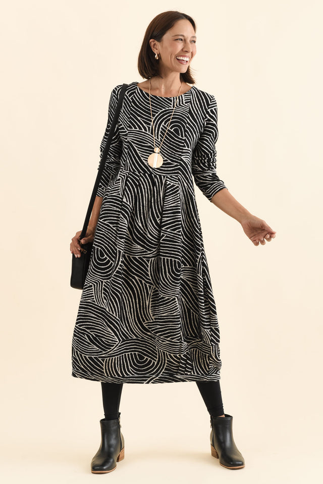 Achia Black Stripe Cotton Knit Dress,Brunette model,alt text|model:Cara