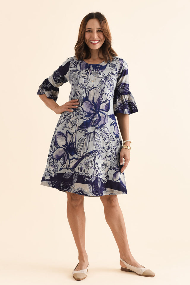 Act Blue Floral Cotton Ruffle Dress,Front,Brunette model,alt text|model:Cara image 1