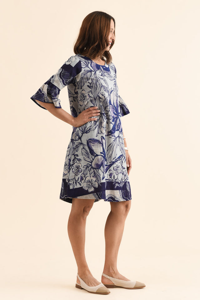 Act Blue Floral Cotton Ruffle Dress,Side,Brunette model,alt text|model:Cara image 3