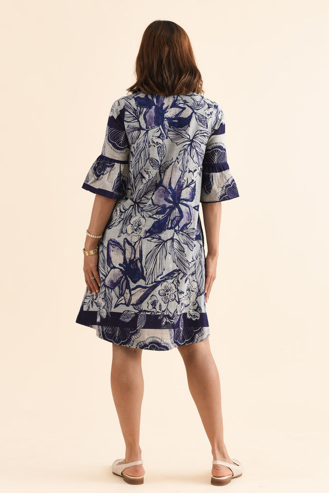 Act Blue Floral Cotton Ruffle Dress,Back,Brunette model,alt text|model:Cara image 4