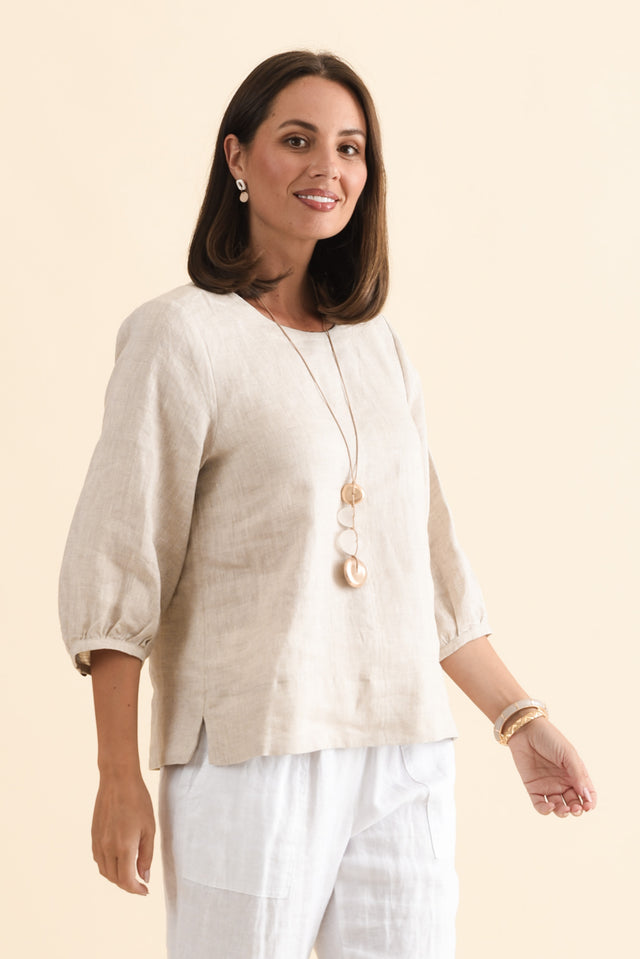 Addie Beige Linen Sleeved Top,Brunette model,alt text|model:MJ image 5