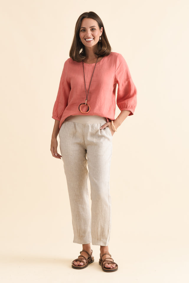 Addie Orange Linen Sleeved Top,Brunette model,alt text|model:MJ image 7