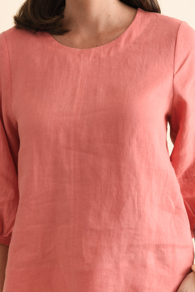 Addie Orange Linen Sleeved Top,Brunette model,alt text|model:MJ image 6