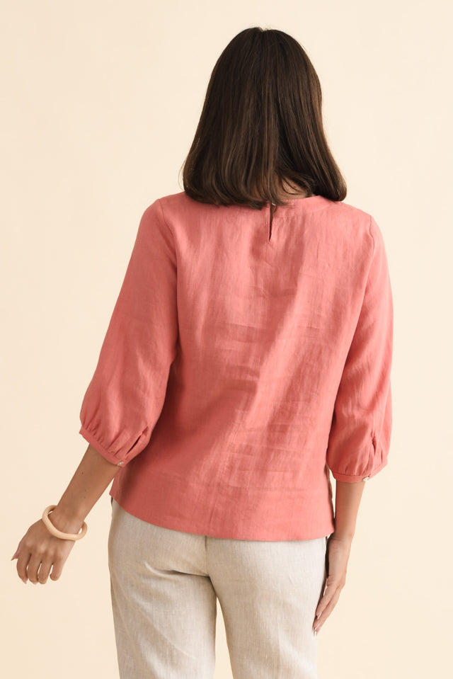 Addie Orange Linen Sleeved Top,Brunette model,alt text|model:MJ image 5