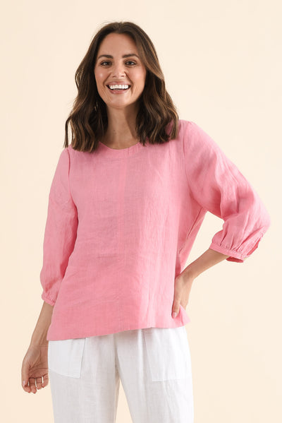 Addie Pink Linen Sleeved Top