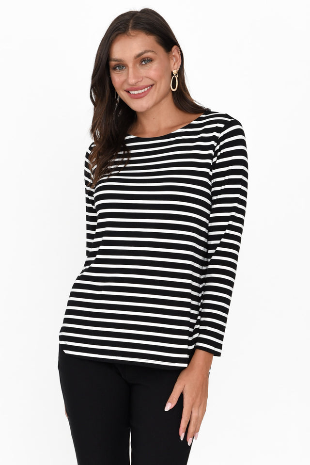 Adele Black Stripe Long Sleeve Bamboo Tee neckline_Round alt text|model:Brontie image 2