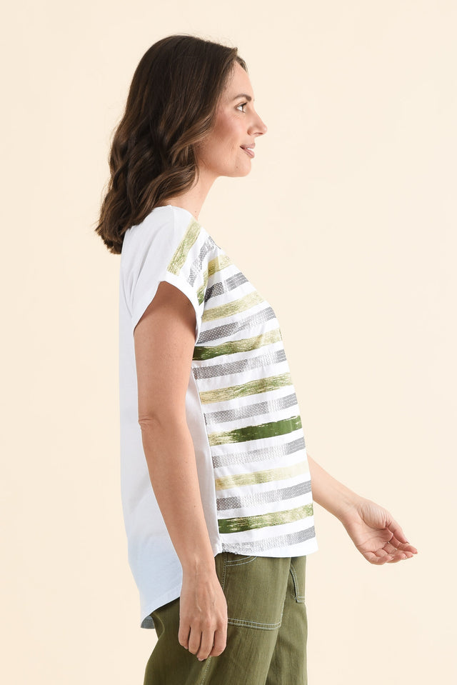 Adli Green Stripe Cotton Sequin Tee,Side,Brunette model,alt text|model:MJ image 3