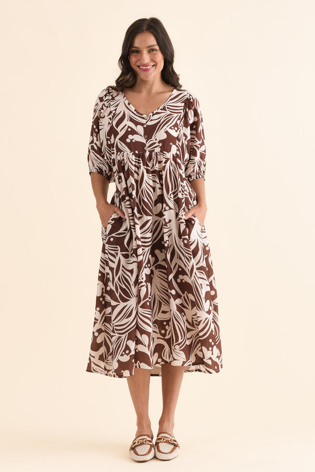Adwin Chocolate Palm Pocket Dress,Front,Brunette model,alt text|model:Brontie