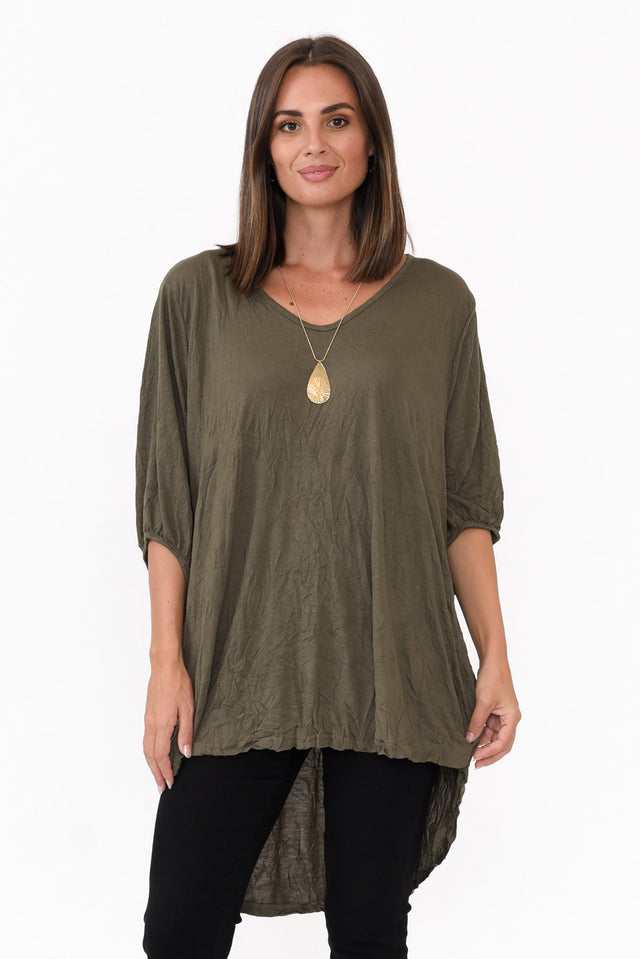 Agnes Khaki Crinkle Cotton Hi Lo Top