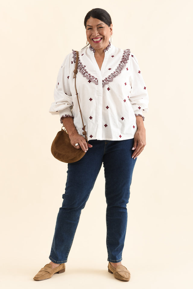 Agnes White Spot Embroidered Shirt,Full Body,Brunette model,alt text|model:Pilita