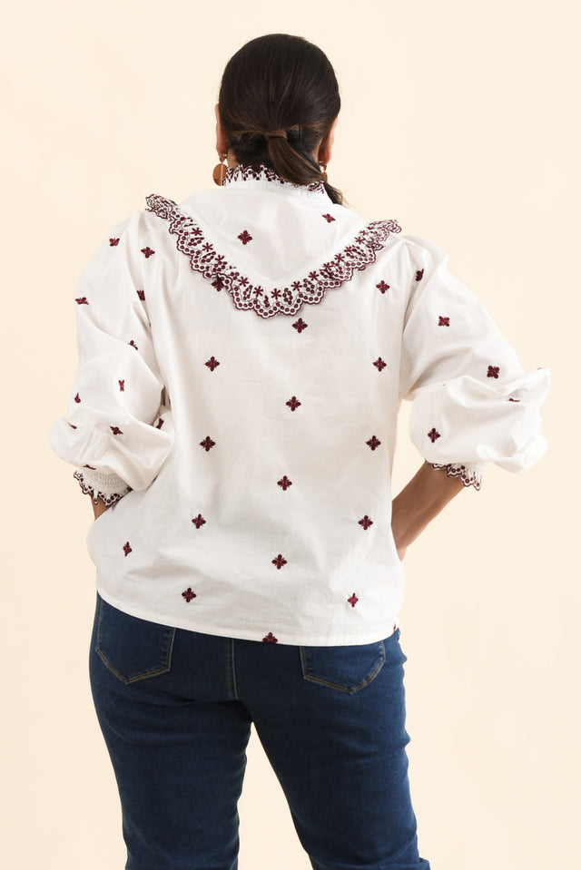 Agnes White Spot Embroidered Shirt,Back,Brunette model,alt text|model:Pilita image 4