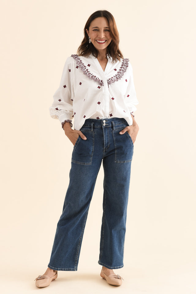 Agnes White Spot Embroidered Shirt,Full Body,Brunette model,alt text|model:Cara image 3
