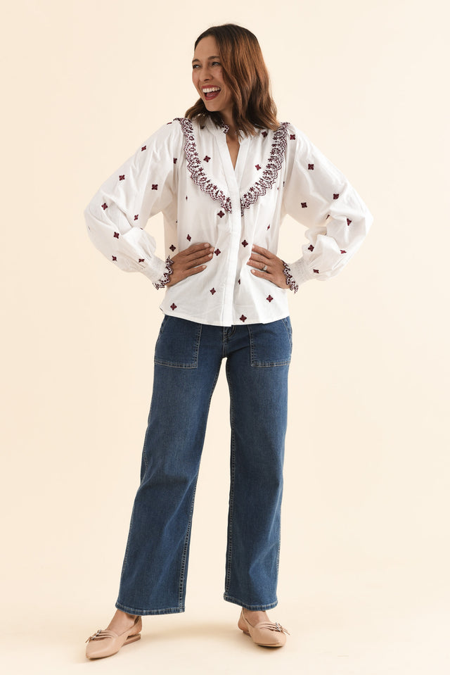 Agnes White Spot Embroidered Shirt,Full Body,Brunette model,alt text|model:Cara image 7