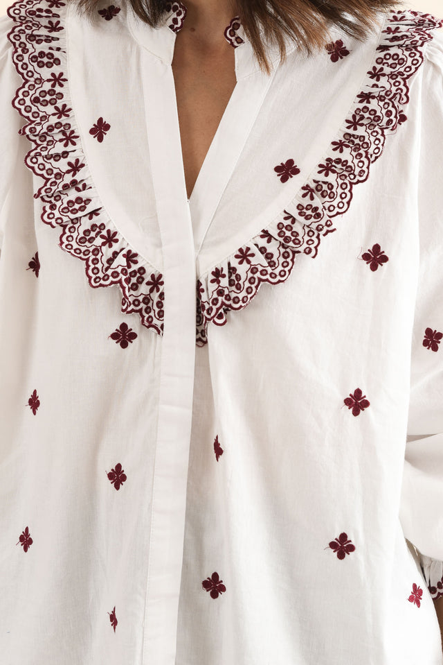 Agnes White Spot Embroidered Shirt,Detail,Brunette model,alt text|model:Cara image 6