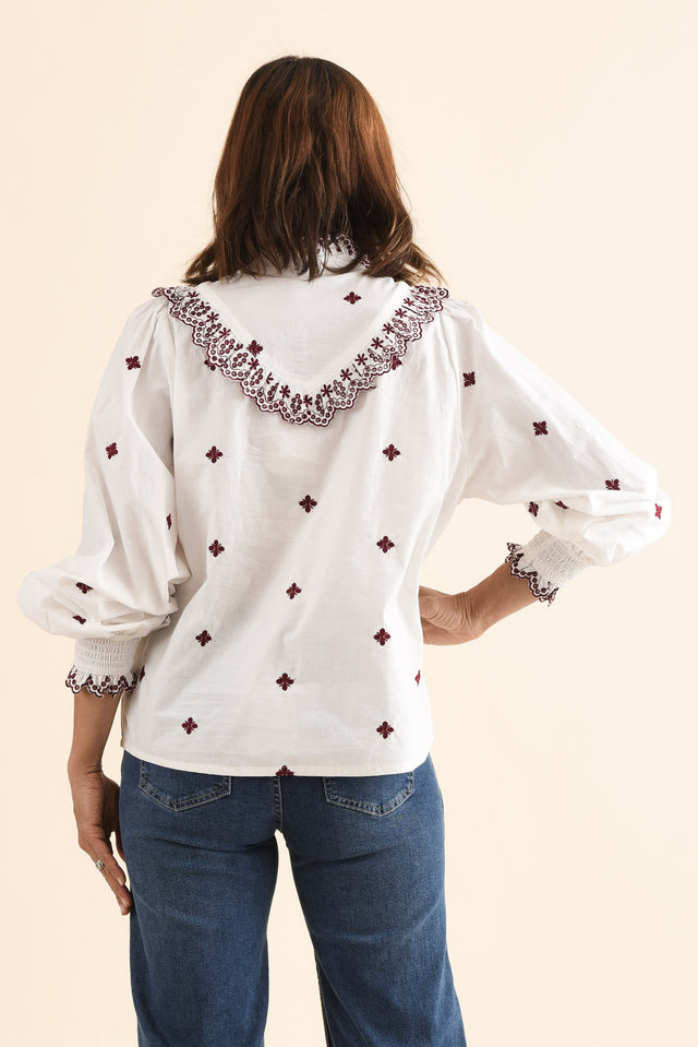 Agnes White Spot Embroidered Shirt,Back,Brunette model,alt text|model:Cara image 5