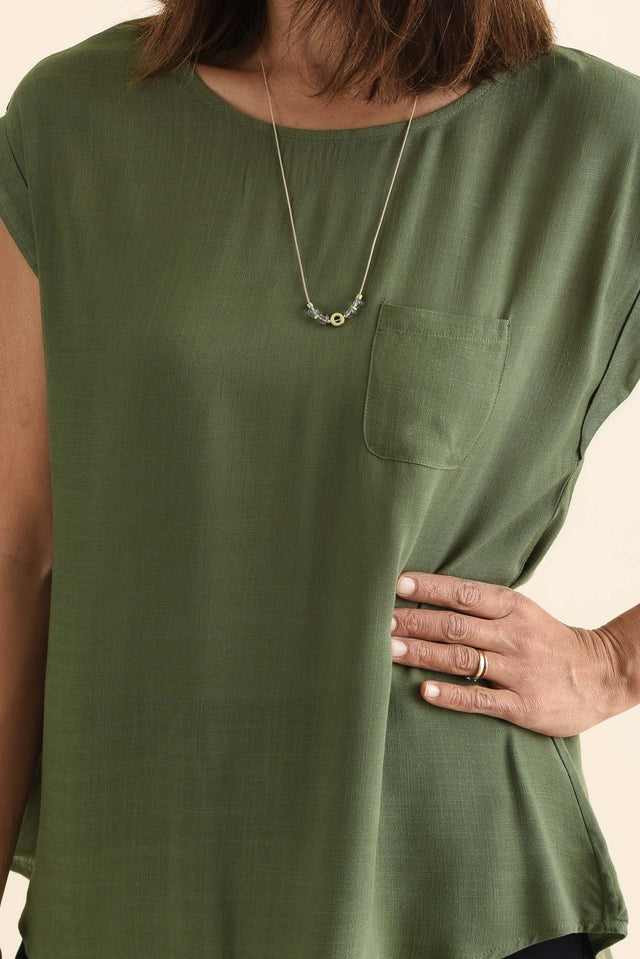 Aiden Khaki Linen Blend Pocket Top,Detail,Brunette model,alt text|model:Cara image 6