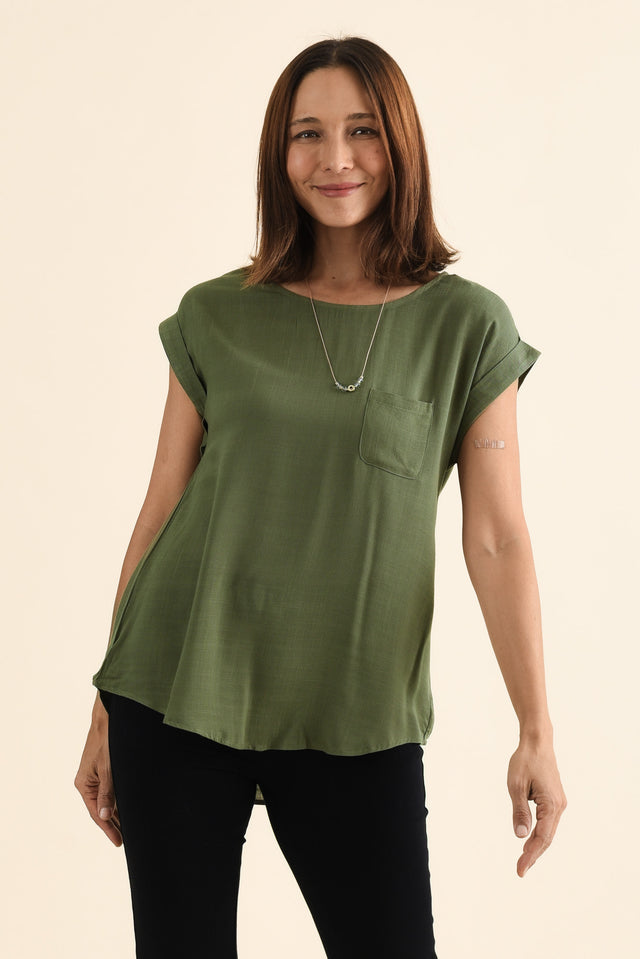 Aiden Khaki Linen Blend Pocket Top,brunette model,Front of Outfit,alt text|model:Cara
