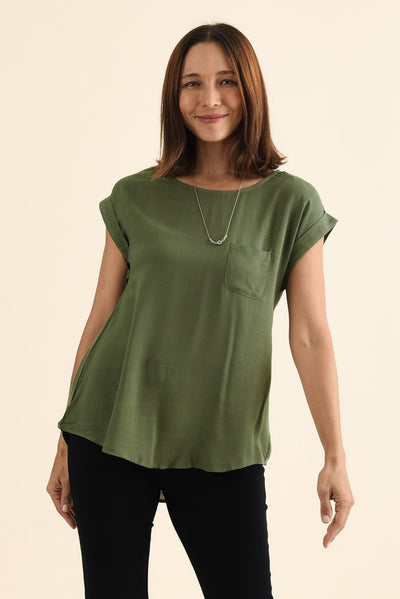Aiden Khaki Linen Blend Pocket Top