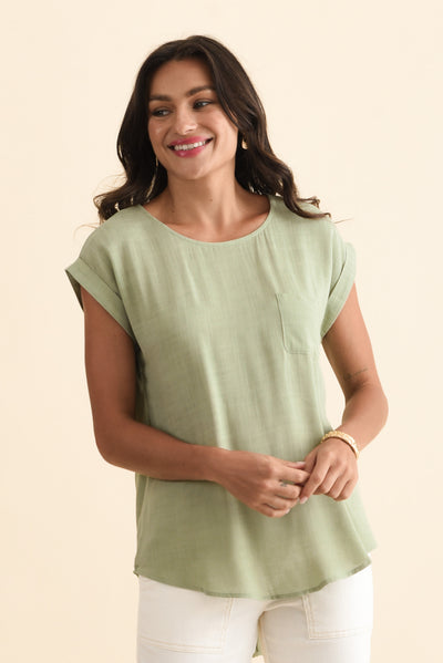Aiden Sage Linen Blend Pocket Top