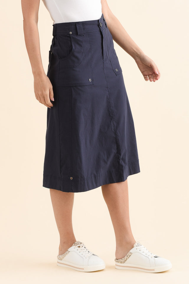 Air-Lite Blue Stretch Cargo Skirt,Side,Brunette model,alt text|model:MJ image 3