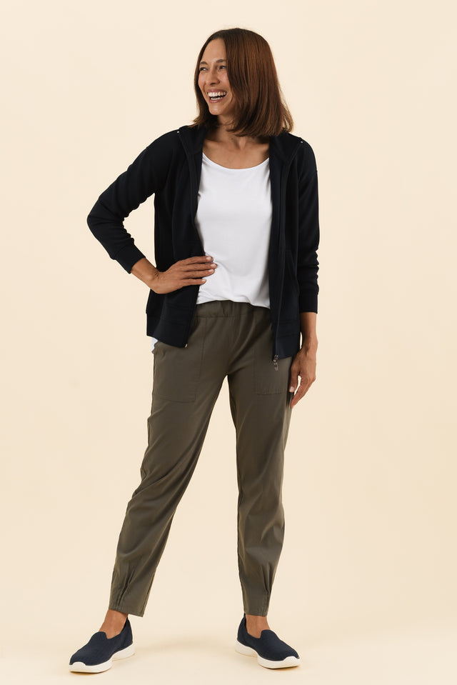 Air-Lite Olive Stretch Cargo Pants,Full Body,Brunette model,alt text|model:Cara