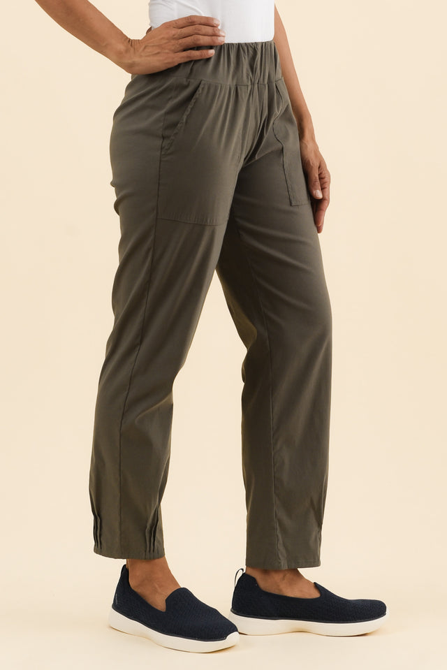 Air-Lite Olive Stretch Cargo Pants,Side,Brunette model,alt text|model:Cara image 3
