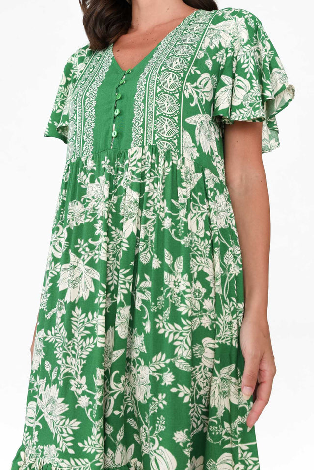 Akira Green Floral Button Tier Dress