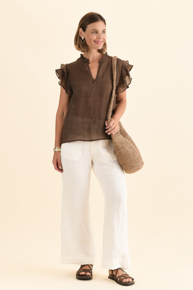 Alannah Chocolate Cotton Button Top,Full Body,Brunette model,alt text|model:Laura
