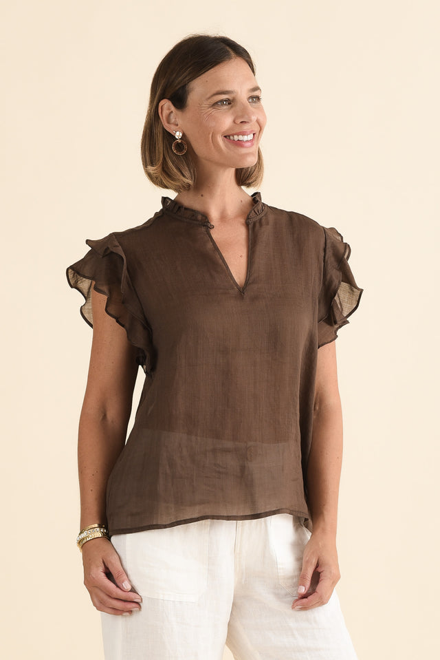 Alannah Chocolate Cotton Button Top,Side,Brunette model,alt text|model:Laura image 3